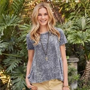 Sundance Gray Stone Wash Oversized Eyelet Short Sleeve‎ Asymmetric Top M Boho